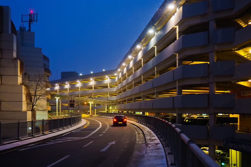no people, architecture, building, tourism, light, building exterior, airport, street, illuminated, düsseldorf, vehicle, land vehicle, multi storey car park