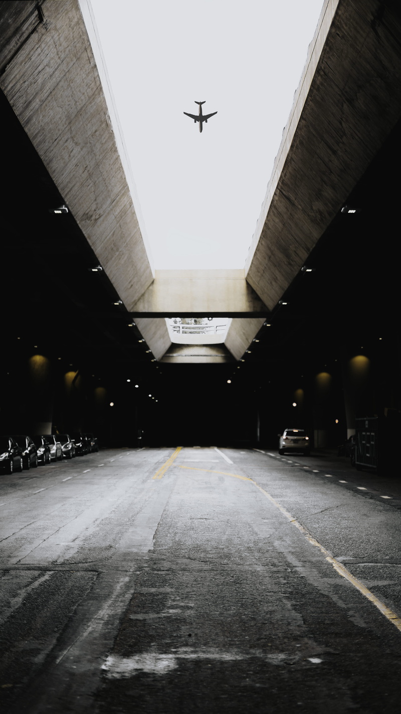 bridge, no People, street, outdoors, parking Lot, plane, bright, car, parked, underground, white, road, industrial, underpass, lane, dark, light, airport
