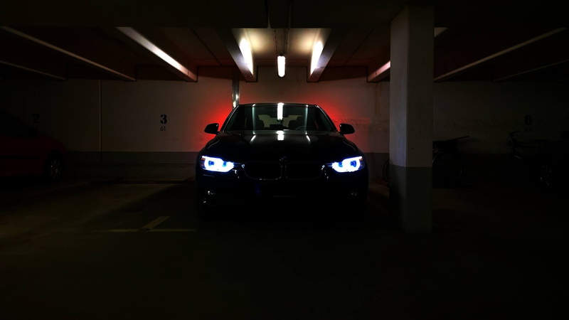 car, architecture, daytime running lights, land vehicle, black, underground car park, mystery, led, front view, set of 3, no people, parking lot, headlight
