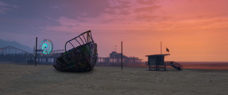 architecture, sky, sunset, 2K, grand theft auto v video games, land, sea, beach, no people, surface level, nature, amusement park ride, water, beauty in nature