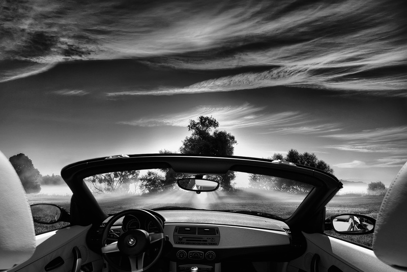 z4, cloud - sky, steering wheel, sports Car, vehicle interior, sky, 2K, day, morning, Sunrise, land Vehicle, Roadster, car, road trip, rear-View Mirror