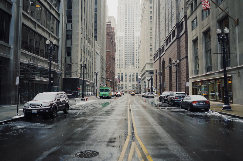 land vehicle, snowing, city, architecture, city street, rain, parked, assorted, beside, cold temperature, the way forward, building exterior, direction