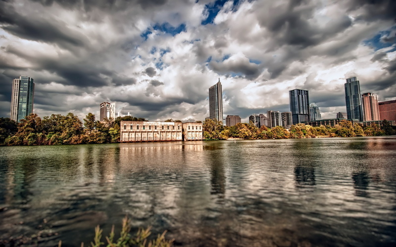 HDR, city, building, water, 2K, cityscape, clouds, sky, Austin (Texas)