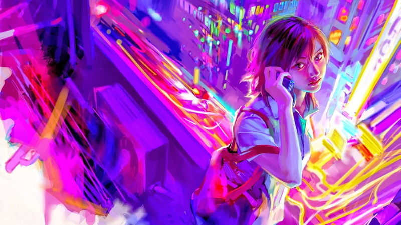 Benjamin Zhang Bin, multi colored, neon colored, purple, motion, futuristic, women, waist up, one person, illuminated, cityscape, portrait, young adult