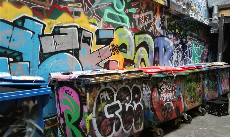 graffiti, colorful, alley, day, no people, communication, rudeness, western script, creative, art and craft, rubbish bin, urban, artist, built structure