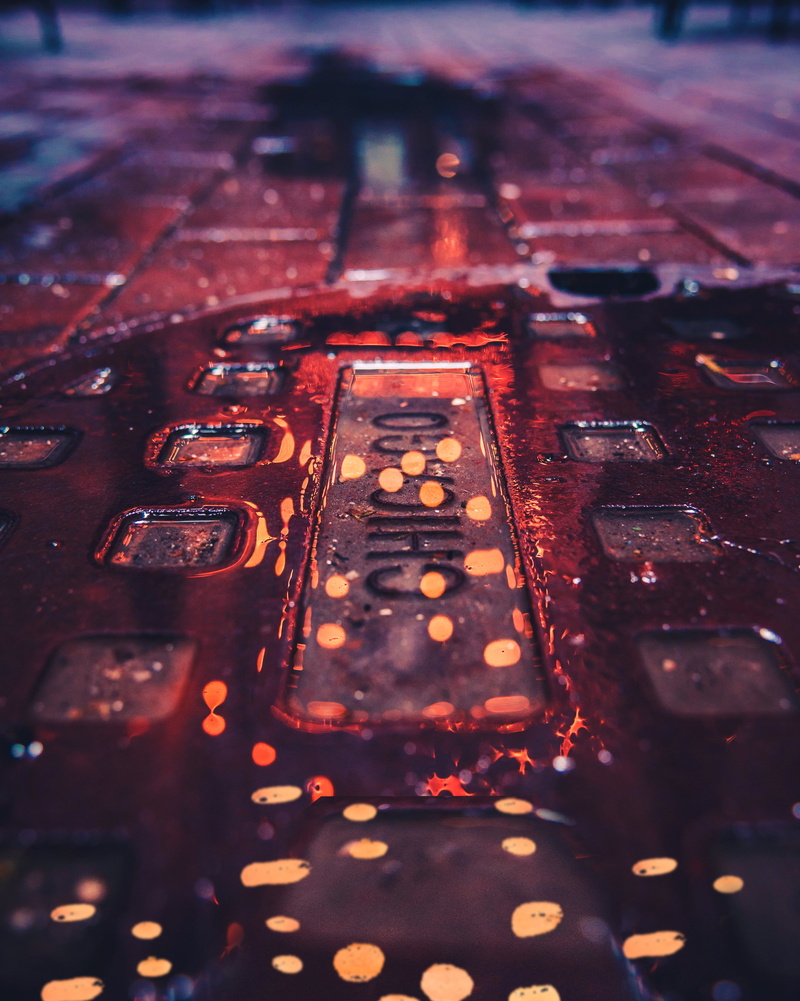 night, macro, close-up, metal, 4K, high angle view, full frame, bokeh, photography, orange, rainy season, concrete, spring, road, cover, rain, outdoors