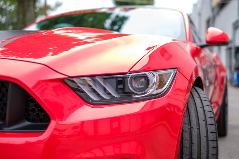 motor vehicle, benz, Auto, mustang, presentation, focus on foreground, vechicle, red, stationary, drive, Gt, headlight, turbo, new, design, transportation