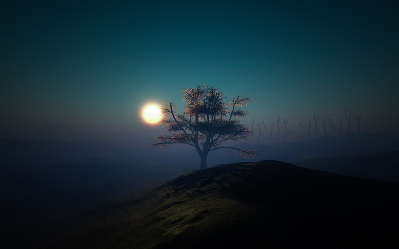 Night, Minimalism, light, moon, hill, nigh, 1080P, tree