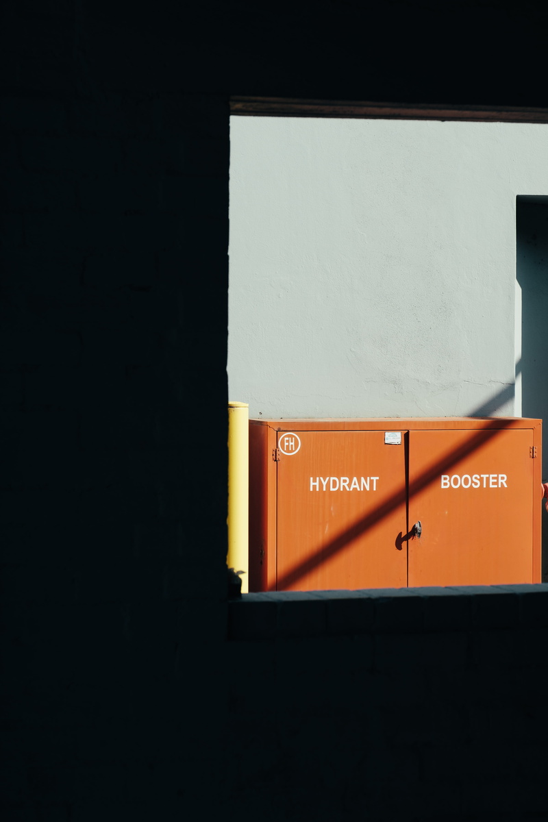 5K, minimal, brunswick, colour, orange, white color, street, frame, fujinon, guidance, sign, sunlight, building, cabinet, fire, hydrant, close-up, architecture