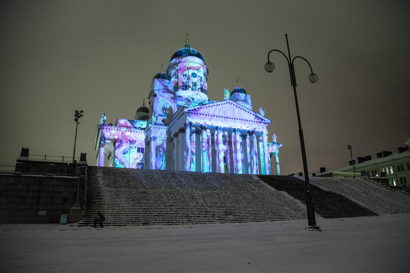 led, building exterior, snow, night, dome, travel, religion, famous Place, monument, european, 5K, Lux, light show, sky, flowers, monumental, helsinki