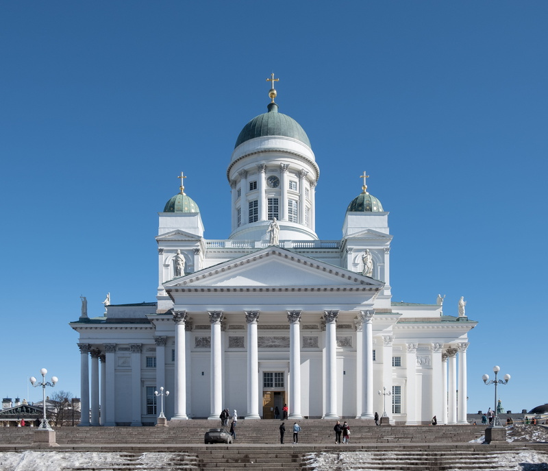 sky, building, nature, dome, place of worship, building exterior, 4K, tourism, outdoors, blue, religion, helsinki cathedral, travel destinations, church
