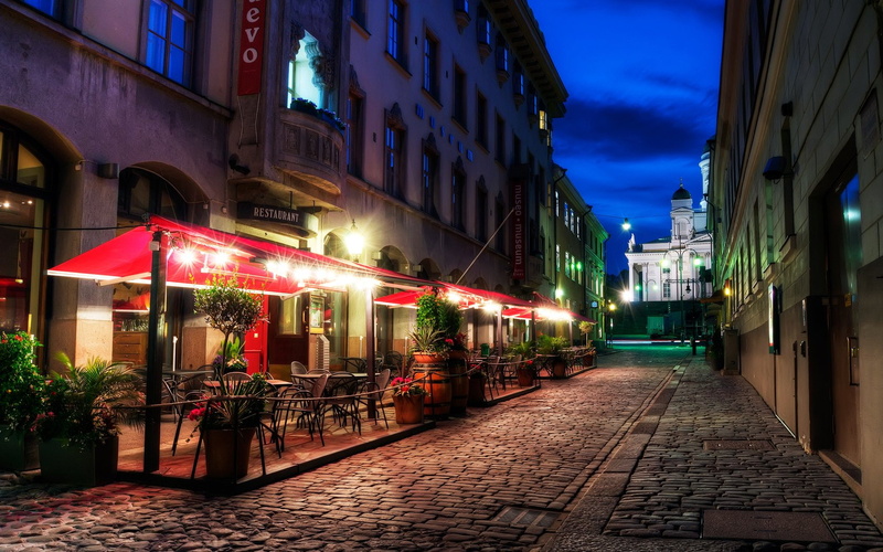 City, Street, motion, transportation, the way forward, cobblestone, 720P, direction, Architecture, Buildings, footpath, Helsinki, Sofiankatu, dusk, illuminated