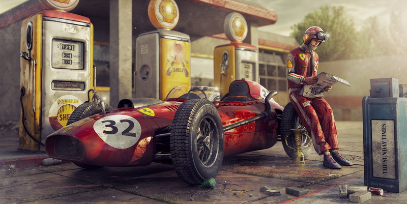 Retro, Ferrari, 4K, Amaru Zeas, 32, Dressing, Machine, Racer, People, Going Home After Work, Rendering, Car, Champion, Cup, by Amaru Zeas, F-1, The car
