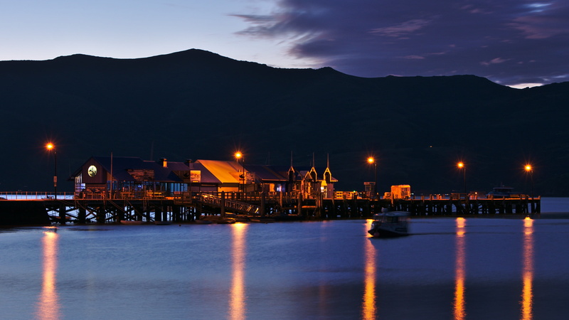 mountain, new zealand, banks peninsula, no people, nature, illuminated, boat, transportation, main wharf, night, sky, dusk, outdoors, built structure, akaroa