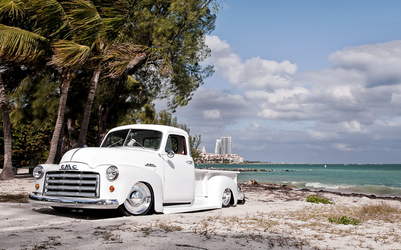 outdoors, palm Tree, shore, 1941, summer, rusty, sky, day, Lowrider, travel Destinations, the sky, plant, motor vehicle, retro Styled, antique, no People