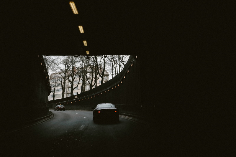 outdoors, city, multiple Lane Highway, underground, bridge, car, dark, breaklight, shadow, driving, travel, speed, curve, black Color, highway, night, transport