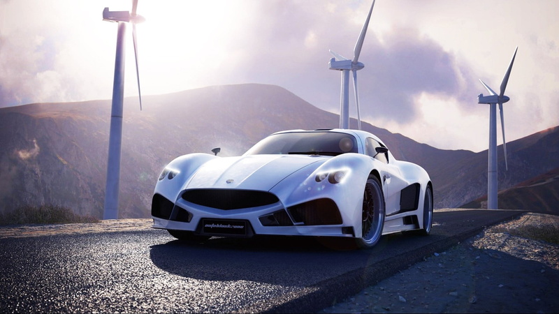 coupe, sunlight, no people, environmental conservation, evantra, environment, nature, car, Mazzanti Evantra V8 , mode of transportation, white, sky, mountain
