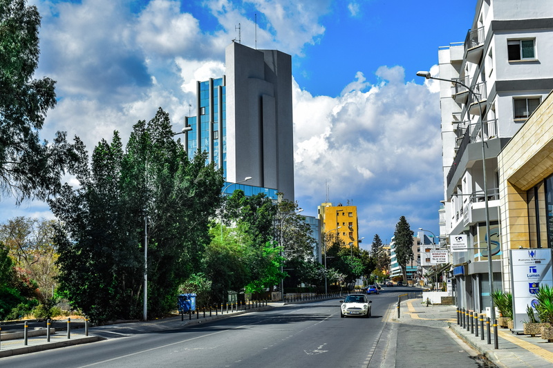 plant, day, cyprus, tree, architecture, nature, no people, street, skyscraper, 5K, cloud - sky, land vehicle, modern, urban, town, clouds, built structure