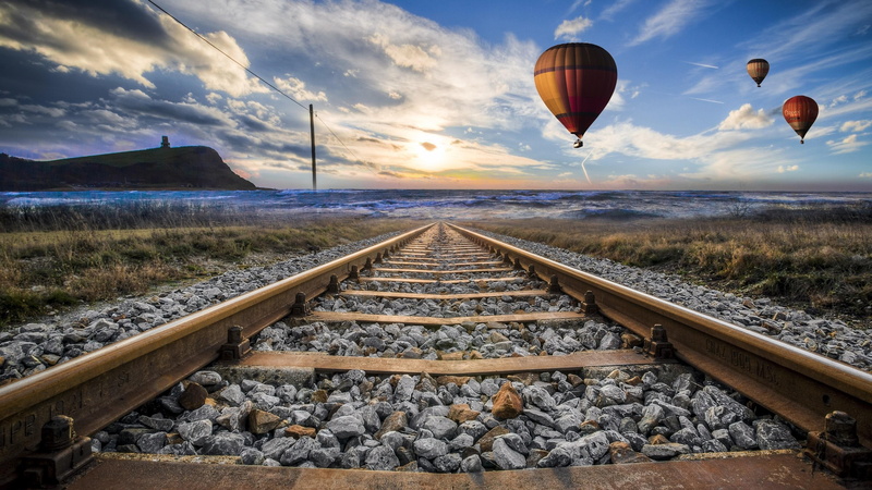 train tracks, sky, water, sport, 4K, lines, tracks, air balloon, outdoors, landscape