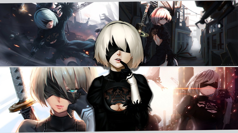 retail display, men, disguise, mask - disguise, mannequin, artwork, digital composite, 2B (Nier: Automata), indoors, female likeness, real people, shopping