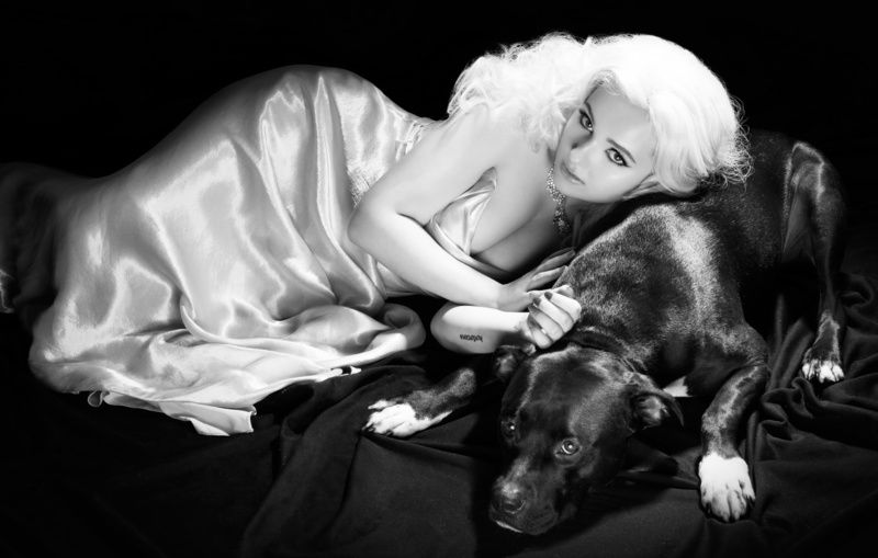 hairstyle, dress, 5K, lying, photoshoot, Prestige, journal, posing, dog, Abigail Breslin, blonde, Mike Ruiz, actress, black and white, photo