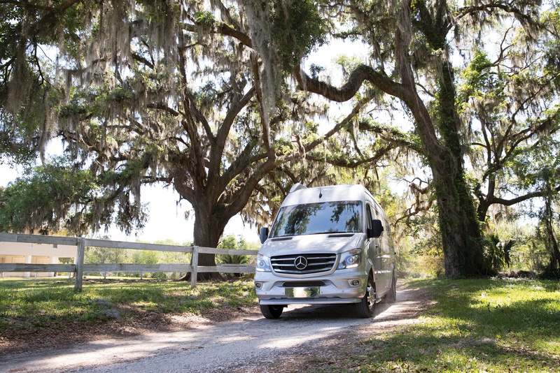 growth, tree trunk, sunlight, land vehicle, travel, caravan, motor vehicle, plant, outdoors, field, forest, trunk, benz, automobile, road, no people, sprinter