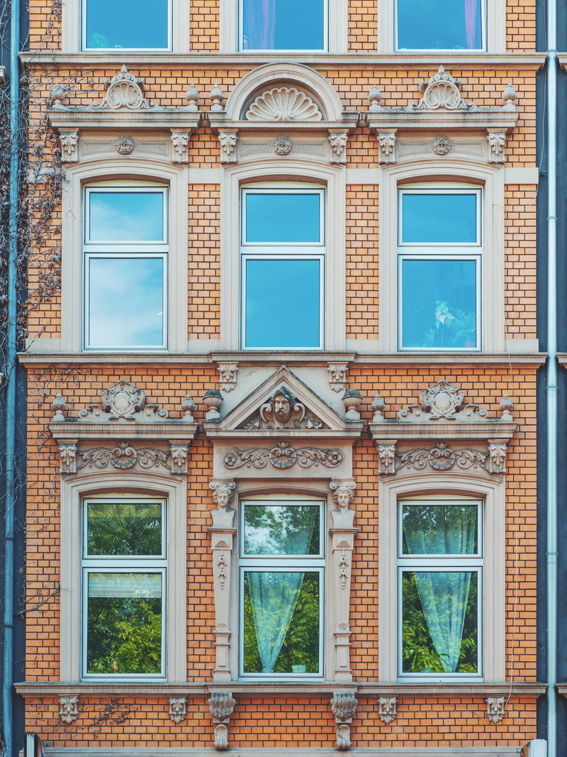 cologne, outdoors, reflection, residential district, windows, exterior, bricks, concrete, vintage, entrance, low angle view, full frame, wall - building feature