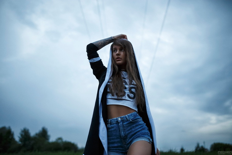 Sveta Grashchenkova, T-shirt, sky, tattoo, beautiful woman, young adult, low angle view, cloud - sky, human arm, front view, arms raised, women outdoors
