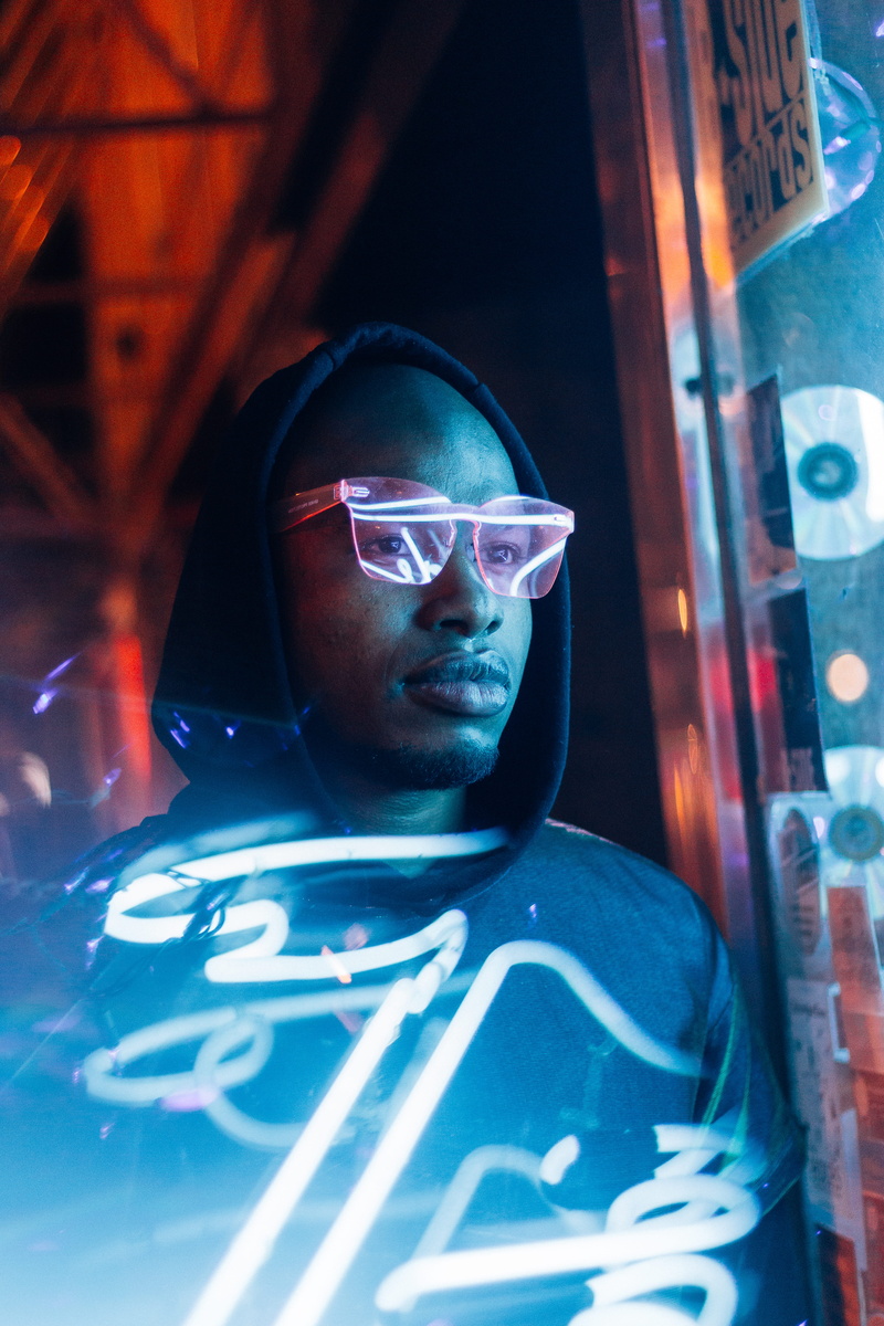 window, cd, light, 5K, blue, men, fashion, males, man, dark, evening, black, people, city, neon, neon light, one Person, portrait, male, room, standing