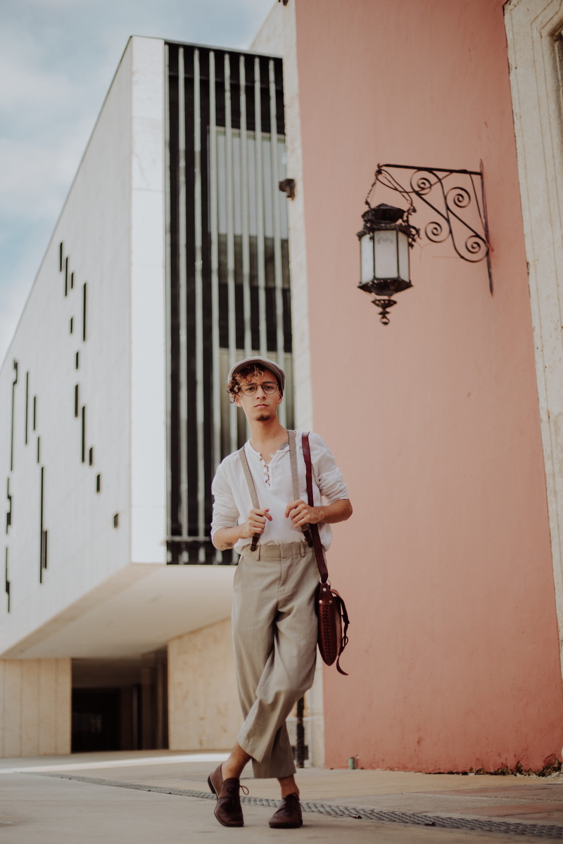 building, fashion, guy, bag, architecture, lifestyle, front view, young adult, urban, lifestyles, outdoors, messenger bag, model, man, goatee, 5K, portrait