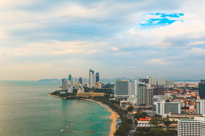 pattaya, height, sea, building, summer, architecture, island, overview, Hilton, paint, nautical vessel, cityscape, shore, 5K, stay, sun, the hotel, sunset