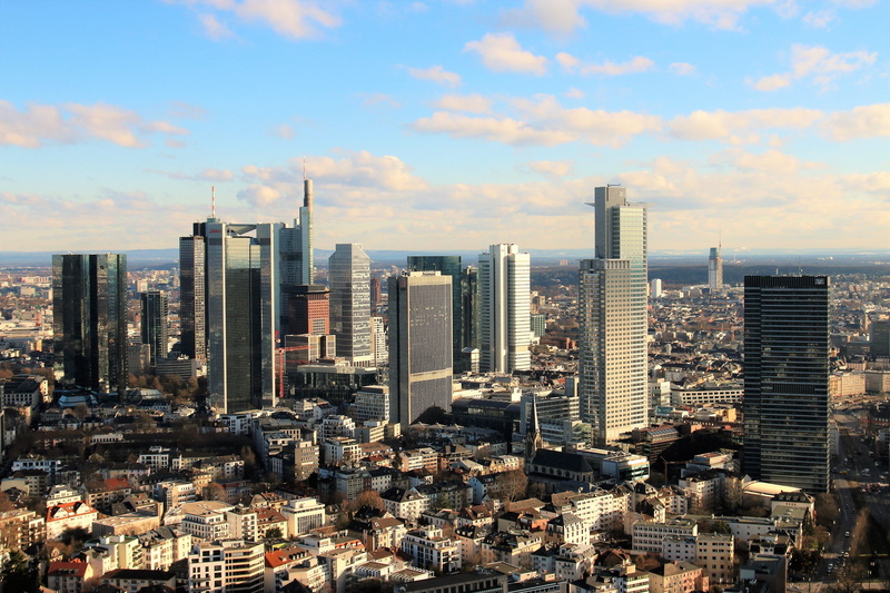 cloud - sky, tall - high, crowd, tower, birds, panoramic image, settlement, office building exterior, office, clouds, frankfurt am main germany, skyscraper