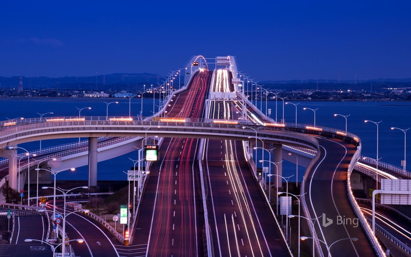 mode of transportation, bridge - man made structure, built structure, aqualine, outdoors, transportation, tokyo, kisarazu, highway, bay, motion, sky, chiba