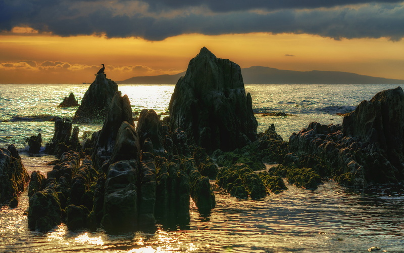 chiba, beauty in nature, waves, beach, phones, scenics - nature, horizon over water, clouds, golden, nature, japan, 4K, rock formation, no people, rock - object