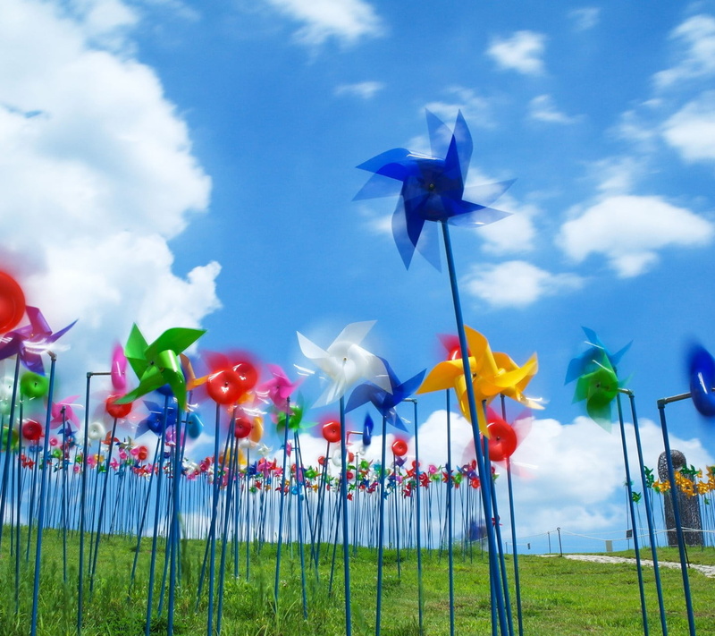 abstract, no people, day, multi colored, flag, environment, land, blue, colorful, pinwheel toy, low angle view, plant, growth, beauty in nature, cloud - sky