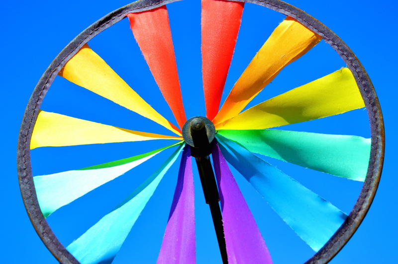 spin, multi colored, sky, blue background, color, colourful, pinwheel toy, wheel, colour, still life, low angle view, nature, sunlight, day, wind, circle