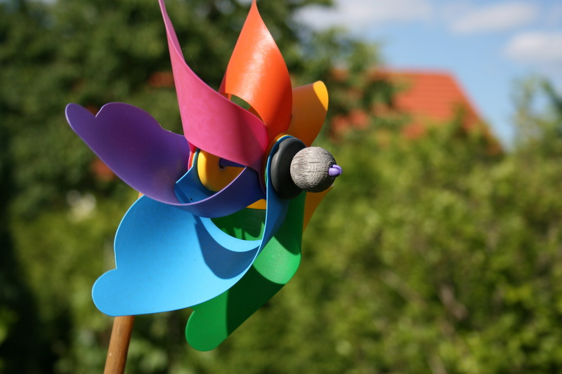 low angle view, outdoors, art and craft, representation, toy, windmill, single object, sky, wind, colors, plant, multi colored, 4K, animal representation