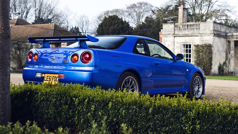 Nissan, the bushes, blue, r34, house, bush, р34, back, 1080P, skyline, tree, gtr