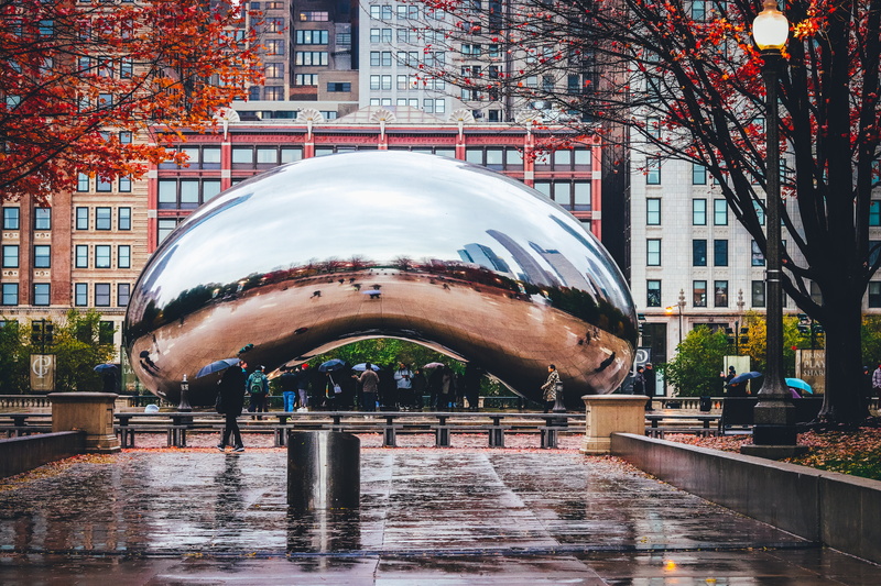 building, building exterior, chicago, city, architecture, bean, weather, cloud gate, canal, tourism, gate, tourist attraction, sculpture, modern, 5K, trees