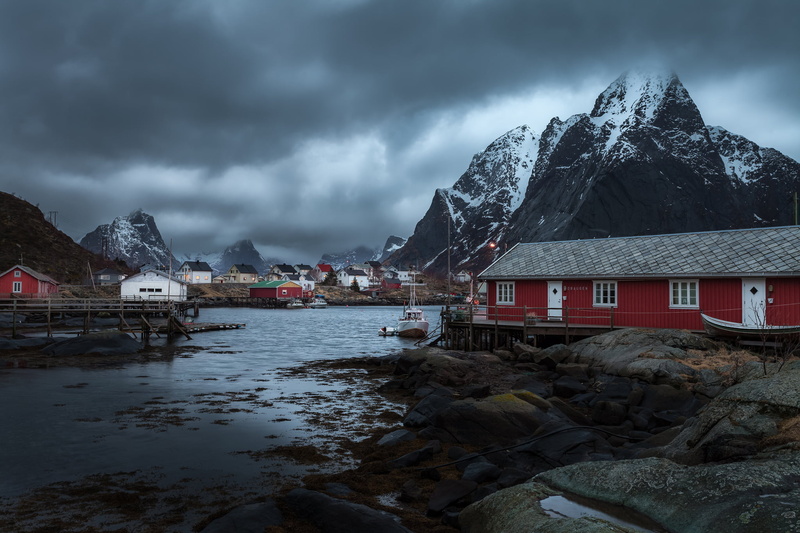 winter, Pure, gray, boats, storm, rainy, mountains, house, beauty in nature, water, mountain, red, mountain range, built structure, Norway, architecture