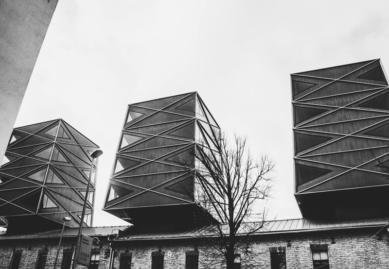building exterior, glass windows, bare tree, outdoors, cityscape, urban, no people, sky, grayscale, architecture, steel, day, tree, modern, low angle shot