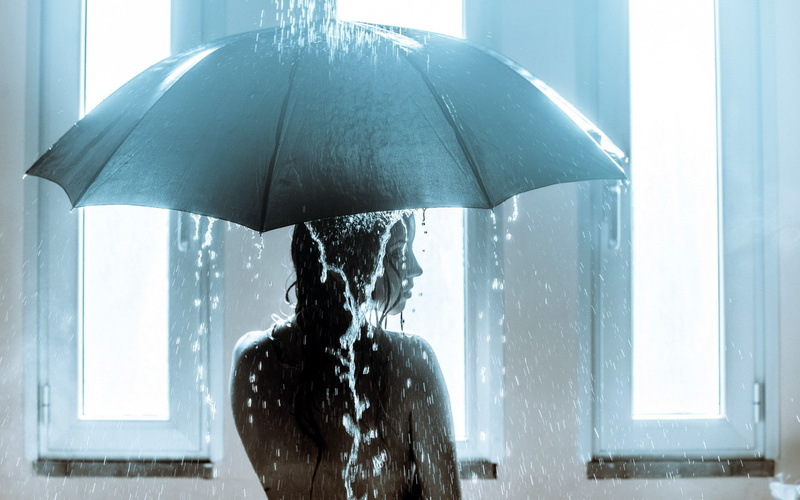 headshot, wet, motion, sheltering, drop, model, nature, security, one person, umbrella, women, rear view, hair, day, torrential rain, rainy season, depression - sadness