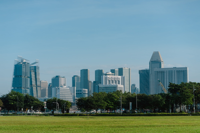 office building exterior, singapore, skyscraper, office, tall - high, outdoors, building exterior, city, nature, clear sky, green city, sky, modern