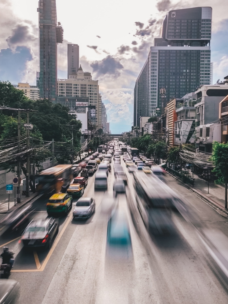 buildings, street, mode of transportation, no people, bridge, road, 2K, building exterior, skyline, thailand, bangkok, cars, city, jam, motor vehicle