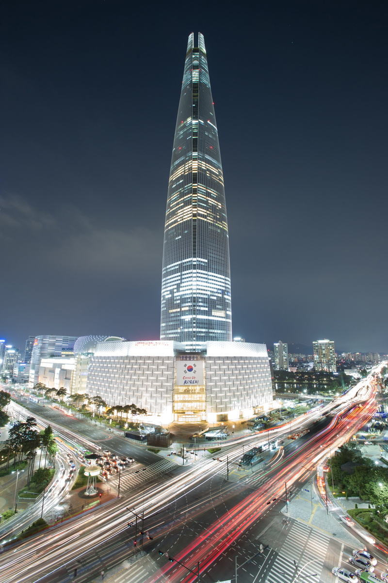 street, spire, office building exterior, shopping, night view, skyscraper, building exterior, tall - high, 5K, car, no people, hotel, office, seoul, jamsil