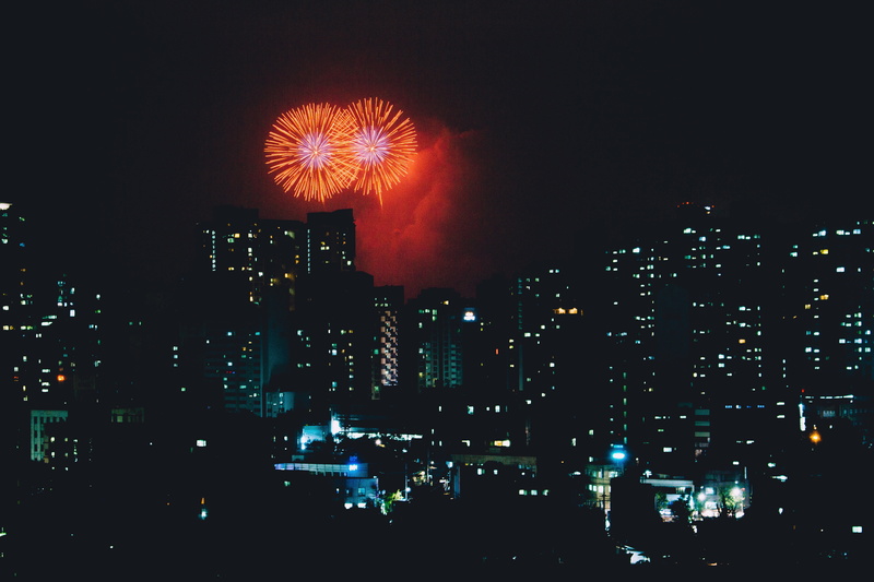 outdoors, sparks, seoul, exploding, South Korea, arts culture and entertainment, 5K, night, office building exterior, building, cityscape, firework, city
