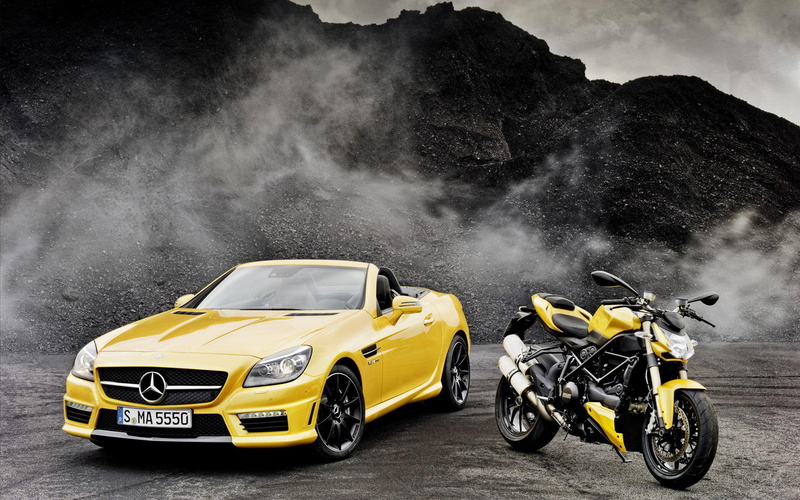cars, mercedes benz, amg, mercedez, bike, yellow, car, 1080P, ducati, sports, benz, streetfighter, convertible, slk, mercedes