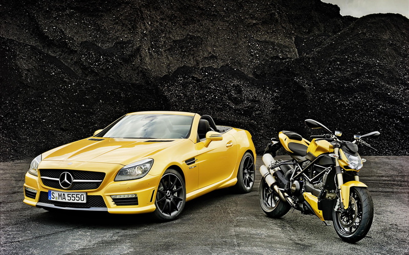 slk, streetfighter, mercedes benz, yellow, standard, 2K, 2012, coupe, black, amg, benz, ducati, motorcycle, cars, mercedes, convertible