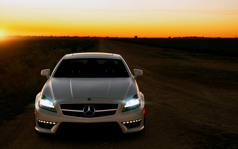 Mercedes, sun, cls, land vehicle, 1080P, sunset, road, white, car, landscape, no people, amg, stationary, travel, orange color, environment, mode of transportation