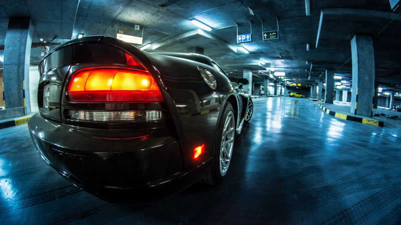 no people, night, stationary, architecture, motor vehicle, land vehicle, Dodge Viper, tail light, mode of transportation, concrete, headlight, VIPER, parking garage